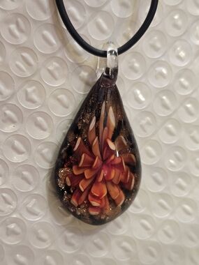 Hand-Blown Glass Teardrop Pendant Necklace in Orange and Brown